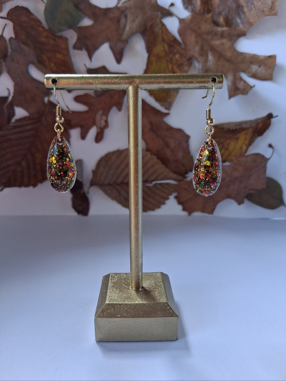 ✨ Autumn’s Fallen Spark- Hand Crafted Teardrop Earrings with Multi-Color Glitter